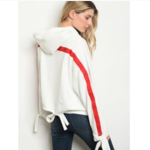 Carols Boutique Tops - Boutique Hoodie White Red Top Sweatshirt Ties Over sized Stripes 5 ☆ Fav Cotton